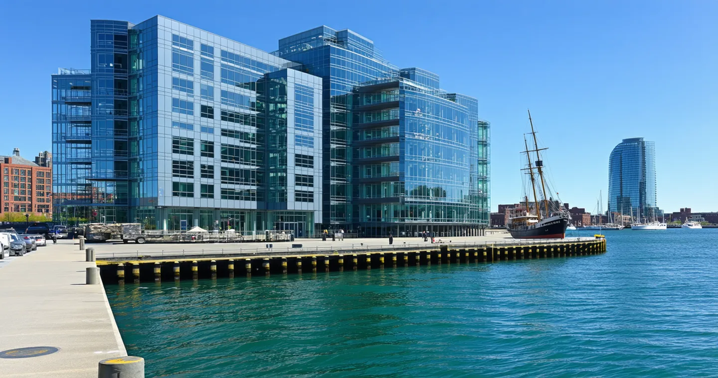 Boston Seaport Innovation District waterfront with modern office buildings and pier
