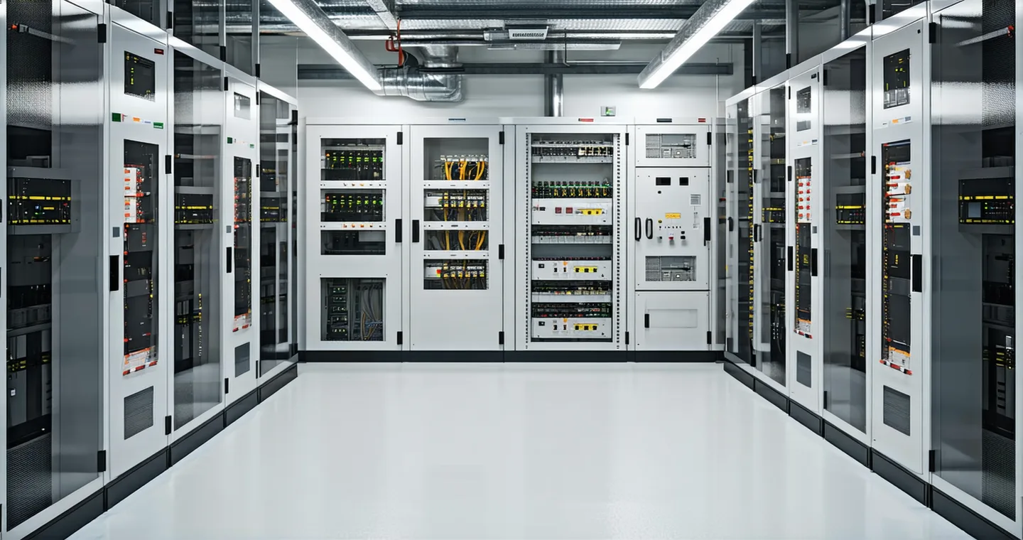 Commercial building rooftop with behind-the-meter battery storage system and electrical switchgear