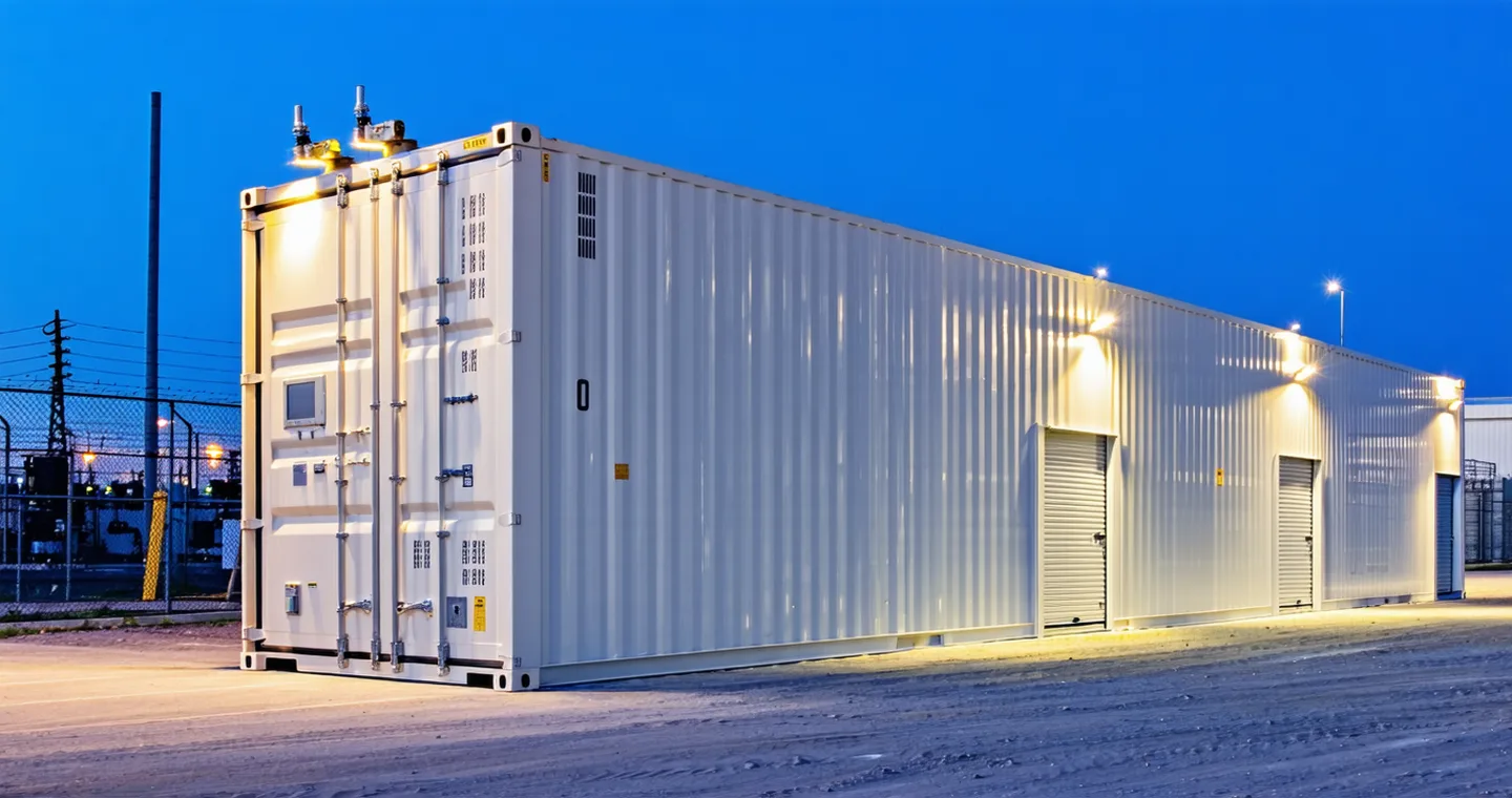 Utility-scale battery energy storage system installation with containerised battery racks at a grid substation