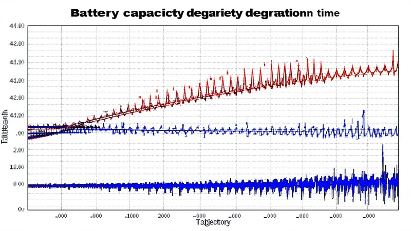 Battery aging curve showing capacity fade over time with temperature variable