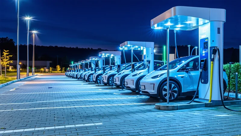 Electric vehicle fleet charging depot with battery health monitoring dashboard visible