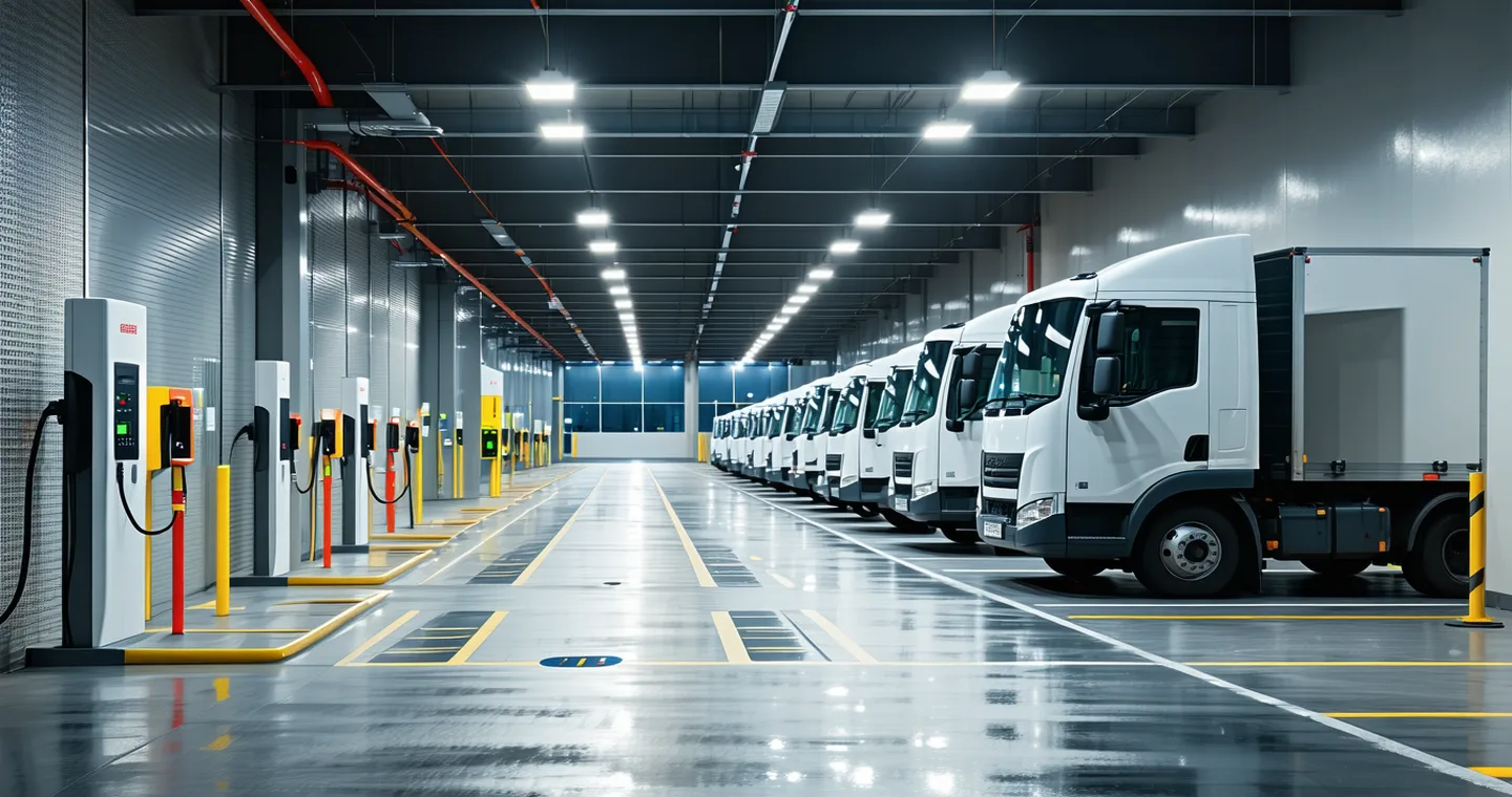 Electric vehicle fleet depot with charging stations and battery monitoring equipment