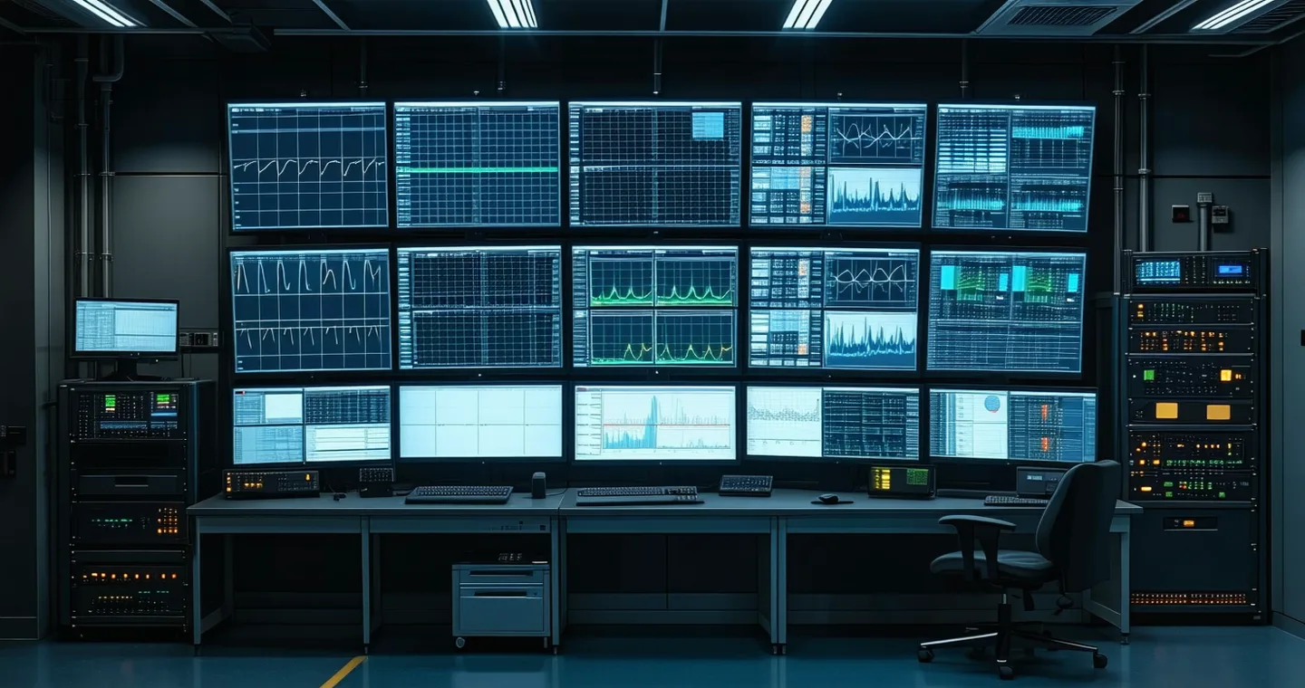 SCADA control room with industrial monitoring screens and protocol interface equipment