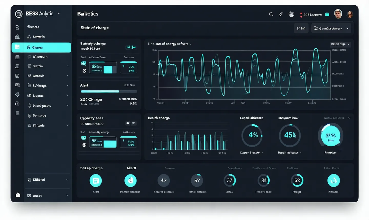Cellanchor fleet dashboard showing SoC, SoH and capacity-fade metrics for a multi-asset BESS portfolio